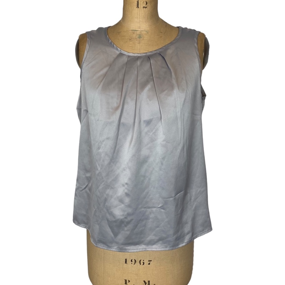 5/$25 Tradition Satin Silvery Grey Pleated Sleeveless Blouse Size M